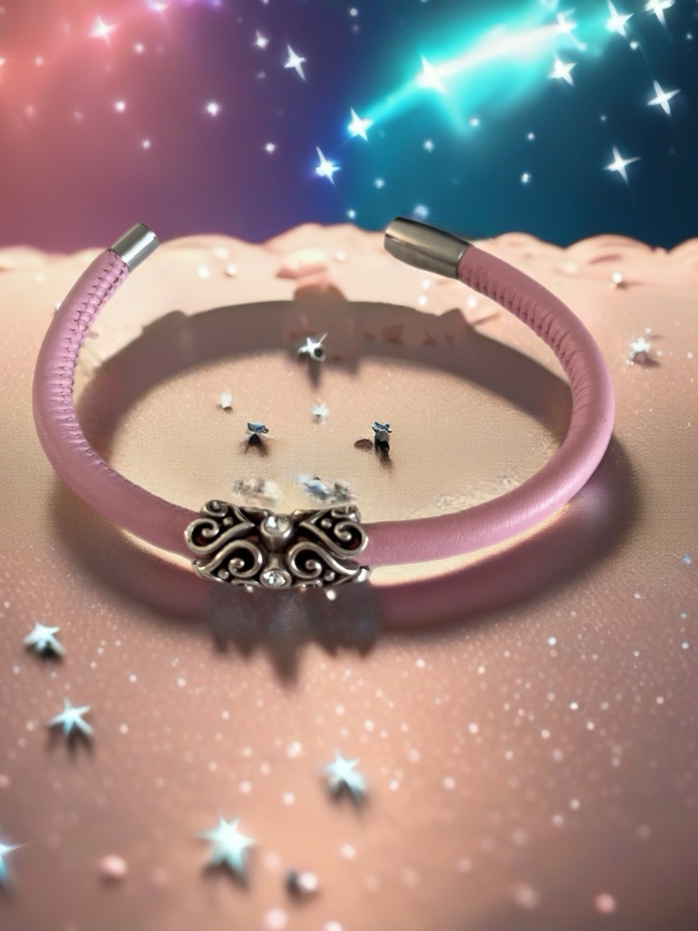 Brighton Pink Leather Woodstock Bracelet with Silver Filigree Accent